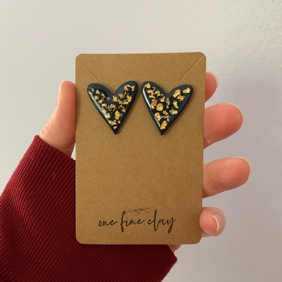 Navy & Gold Clay & Resin Large Heart Earring Studs - Picture 6 of 9